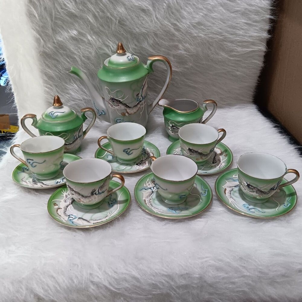Green Porcelain Dragon Tea Set with Gold Accents - Hand Painted